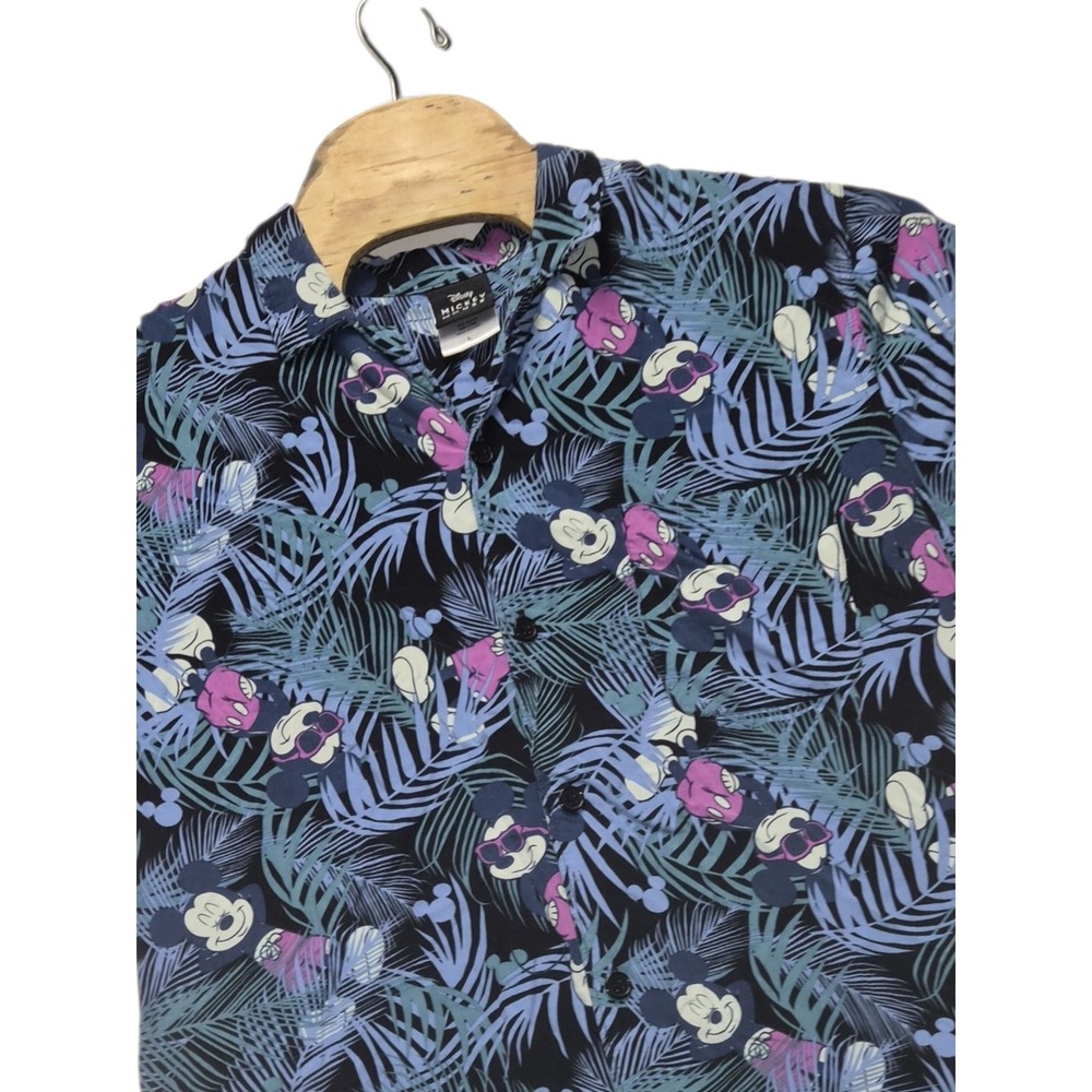 Disney Mickey Mouse Tropical Palm Leaf Button Down Shirt Mens Large Blue Pink